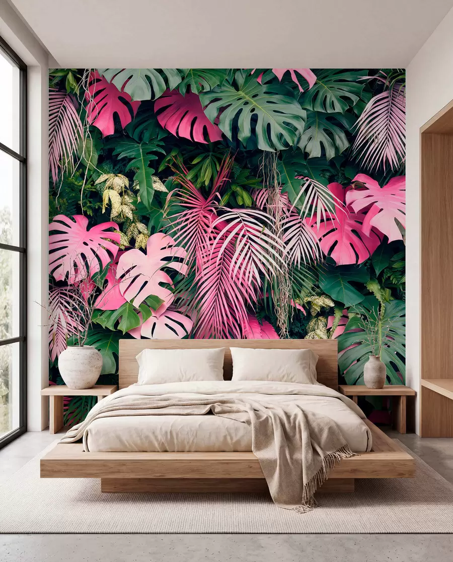 murales de pared Follaje verde y rosa u79682