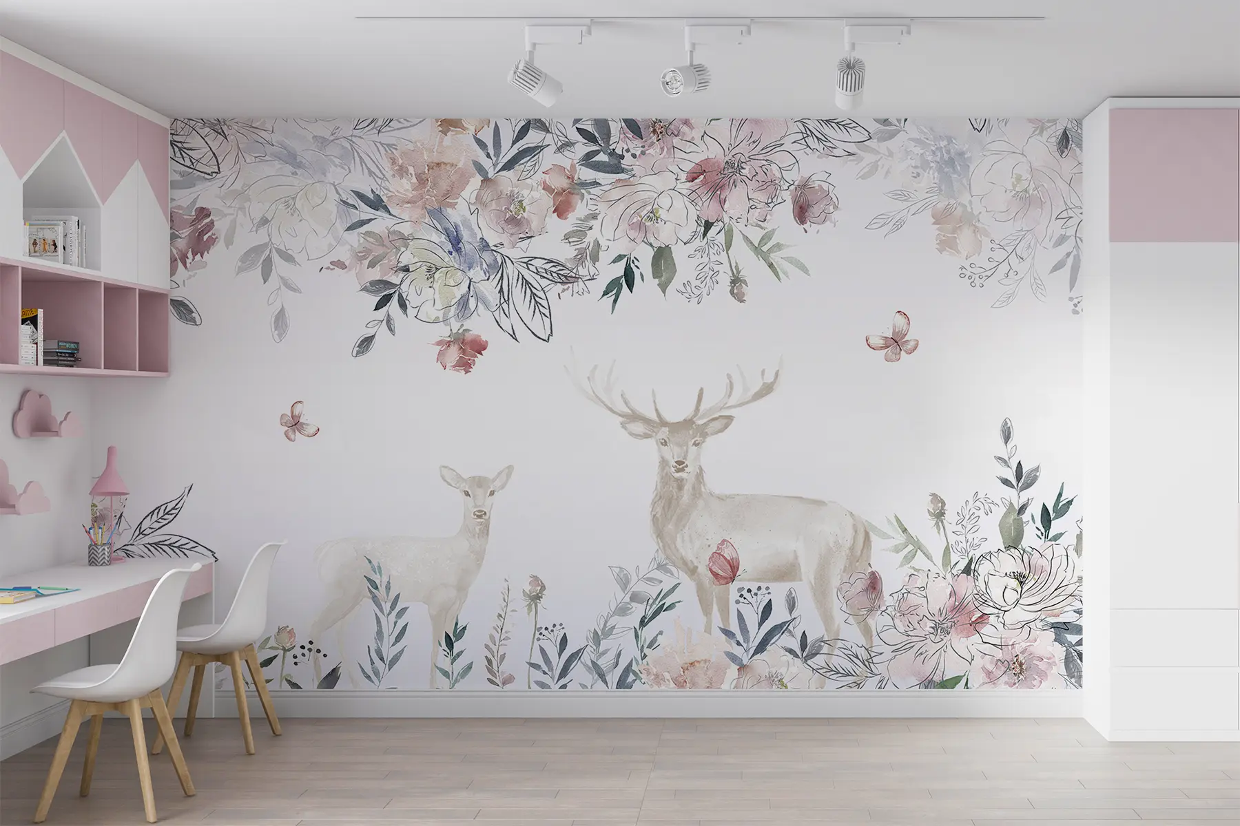 murales de pared Ciervo con flores en el vivero u06160
