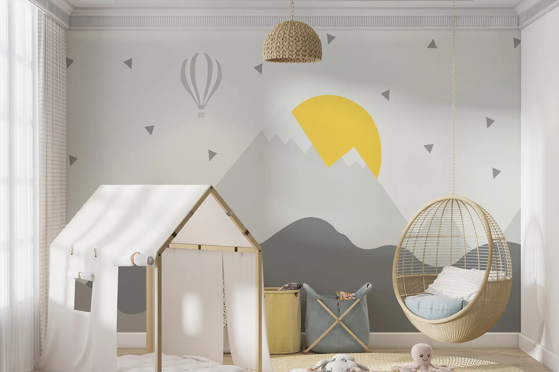 murales de pared Amanecer en la montaña, globo aerostático u11651