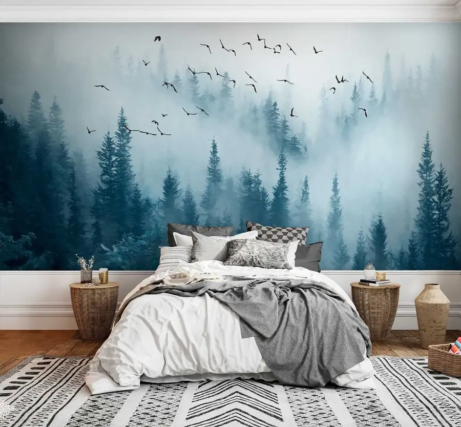 murales de pared Bosque en niebla y pájaros u22288