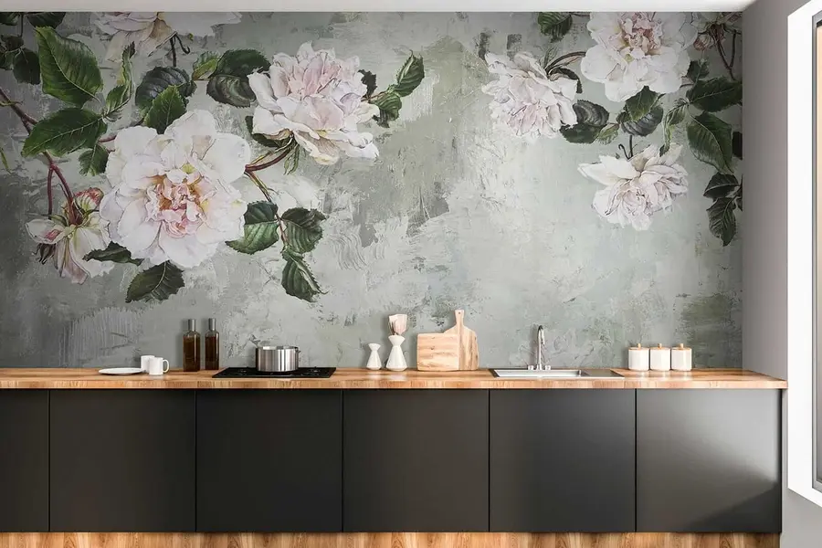 murales de pared Ramas florecientes en el fondo de una pared en mal estado u37301
