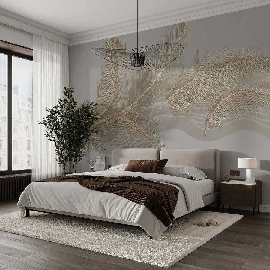 murales de pared Grandes plumas frágiles sobre fondo gris u40388