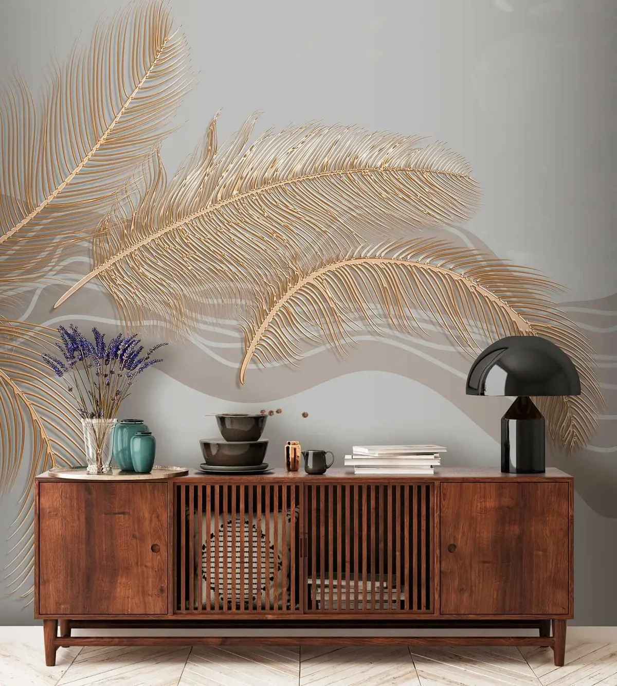 murales de pared Grandes plumas frágiles sobre fondo gris u40388