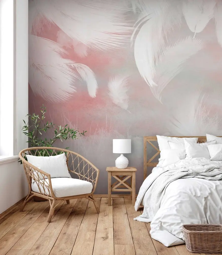 murales de pared Plumas blancas sobre fondo rosa u41755