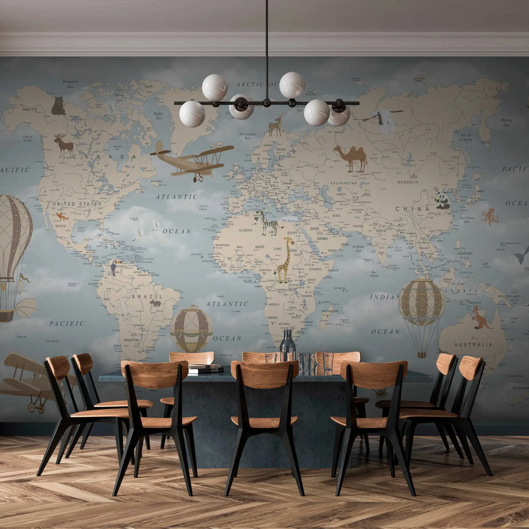 murales de pared Mapa infantil del mundo con aviones u60135