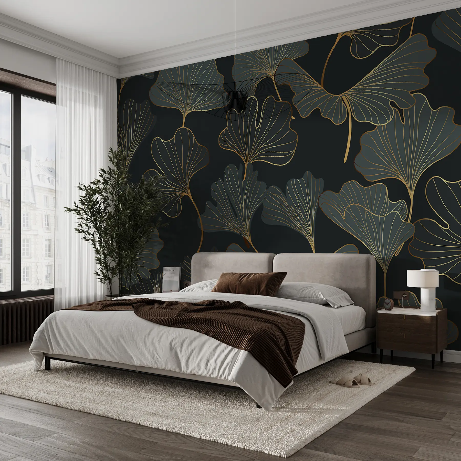 murales de pared Hojas de ginkgo en estilo art déco u53248