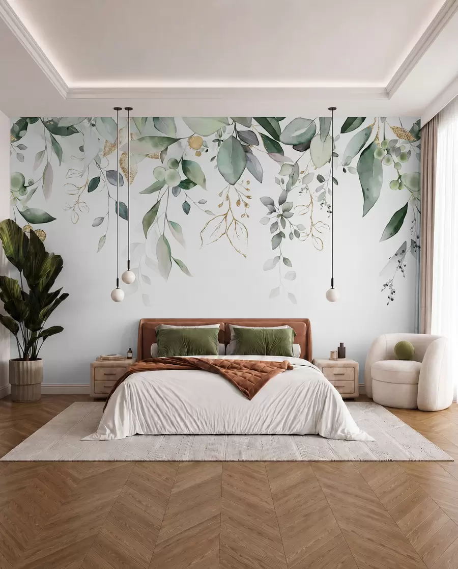 murales de pared Hoja de eucalipto colgante sobre fondo blanco u95506d2