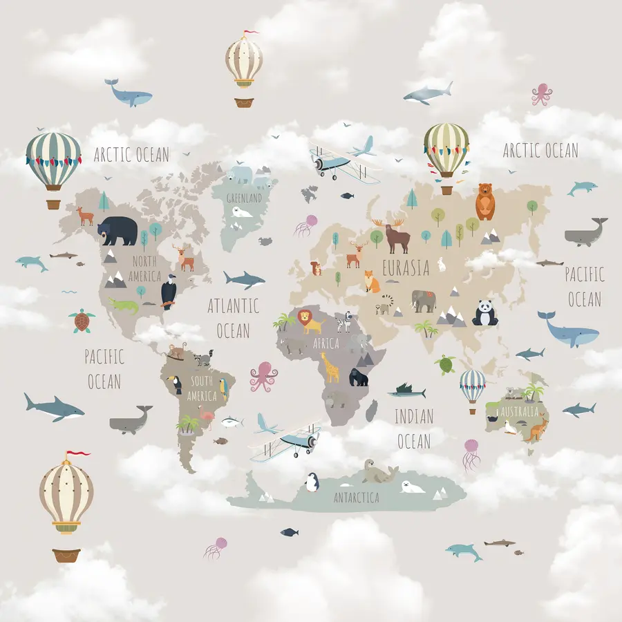 murales de pared Mapamundi con animales y globos u96461d1