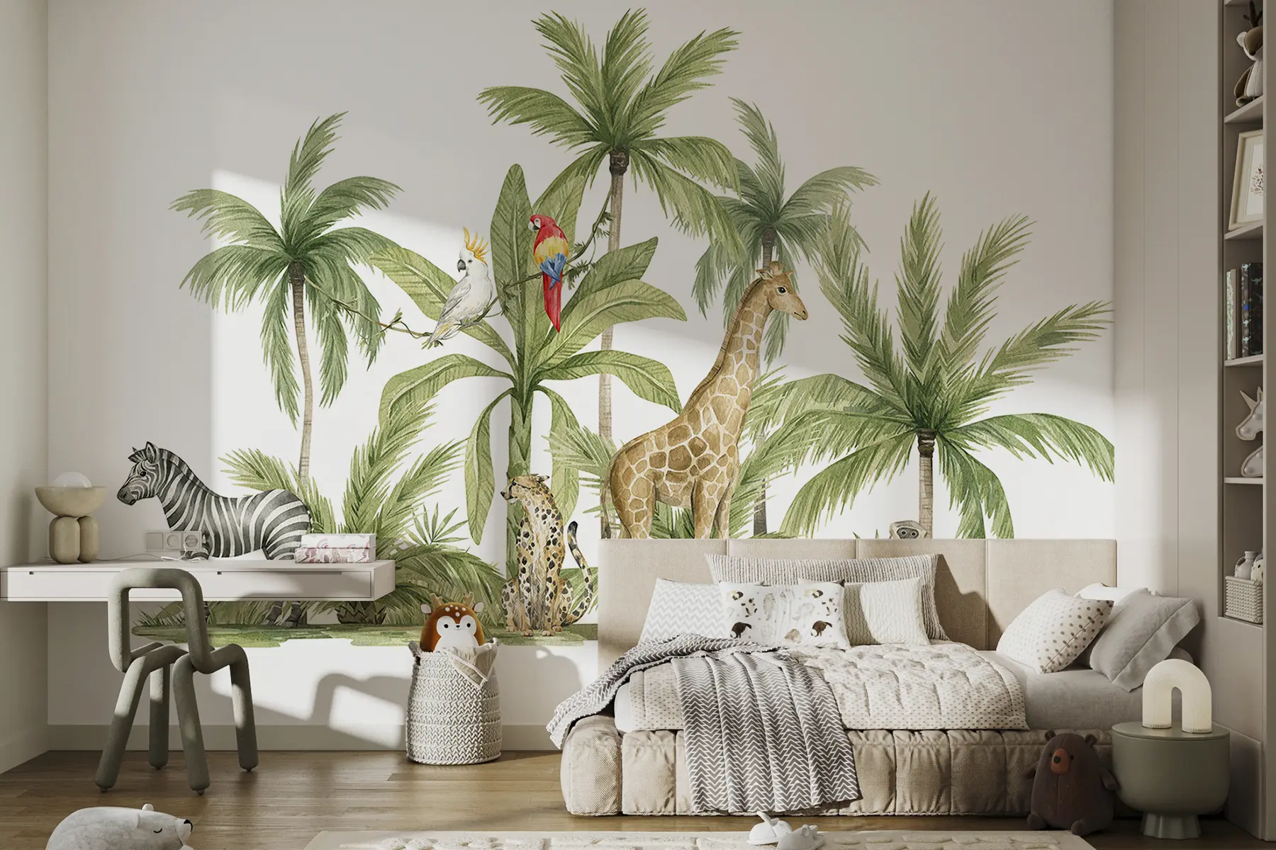 murales de pared Animales de safari, jirafa, leopardo, mono, cebra, palmeras, dibujo a lápiz, loros w00085