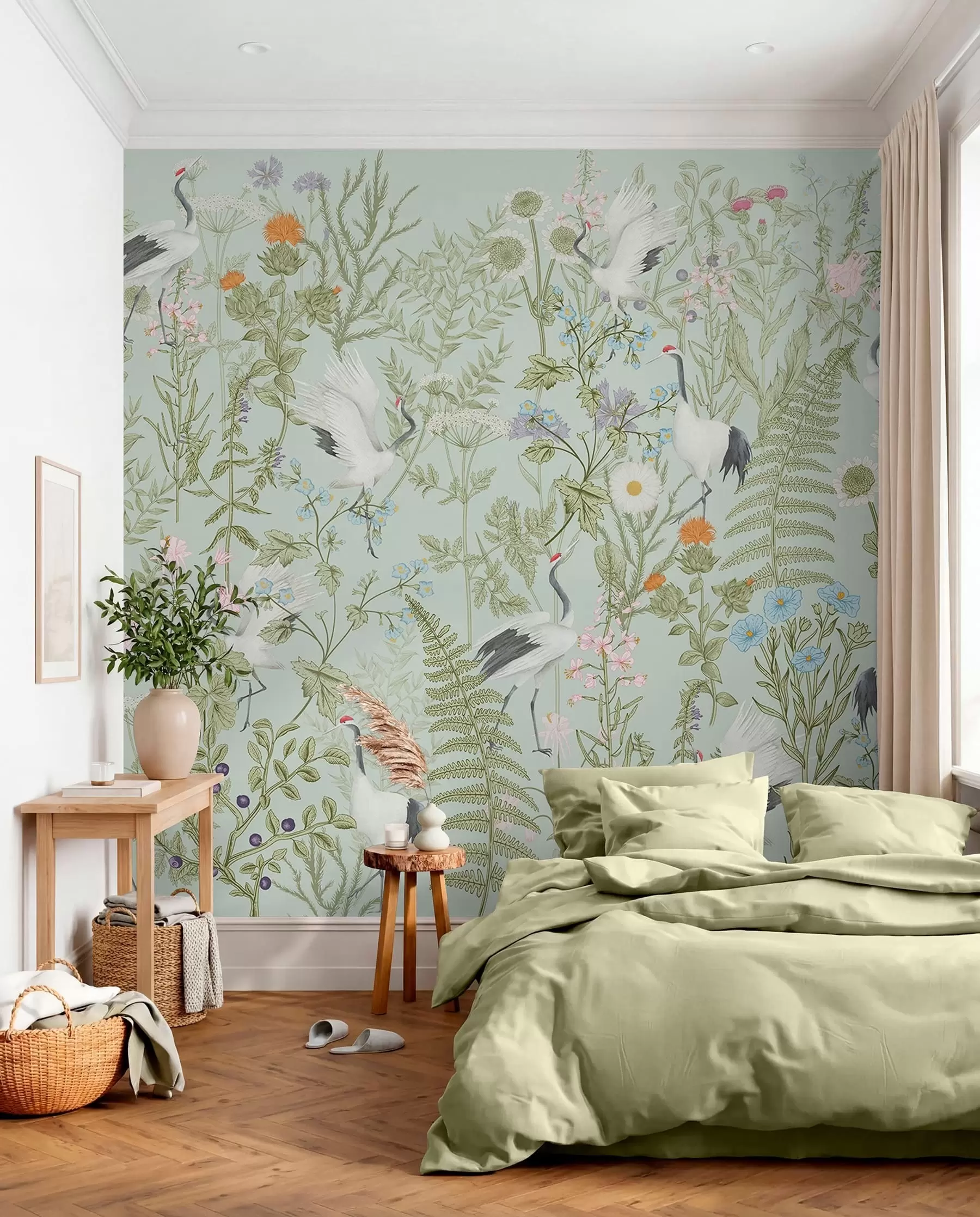 murales de pared Adorno de flores con pájaros, estilo rústico, botánico, prado, fondo azul w00380v4