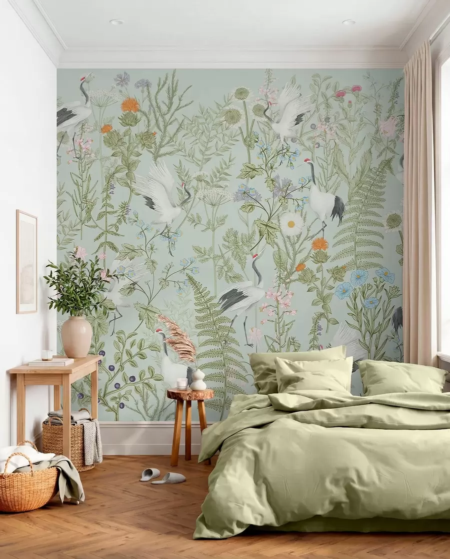 murales de pared Adorno de flores con pájaros, estilo rústico, botánico, prado, fondo azul w00380v4