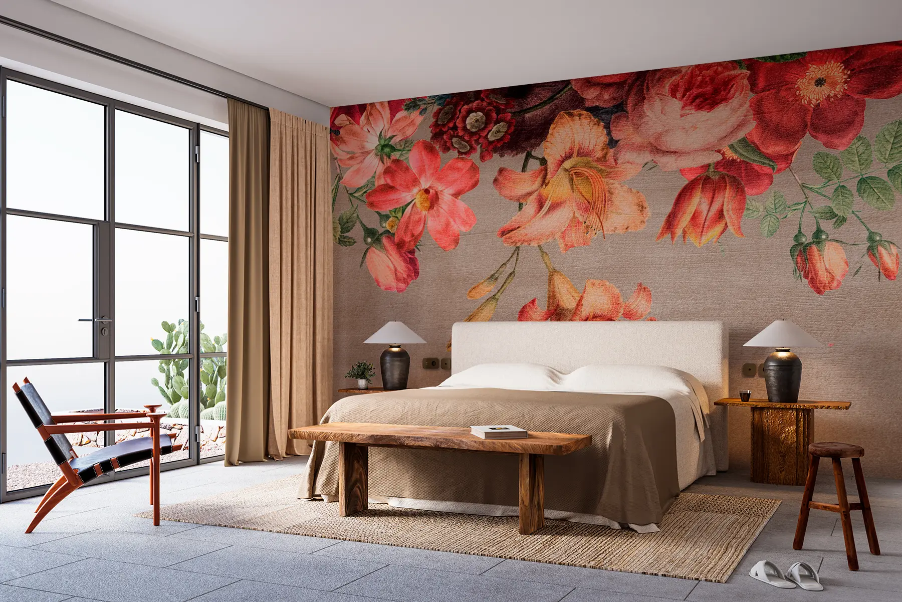 murales de pared Ilustración botánica ramo de flores bodegón sobre fondo marrón  w00427