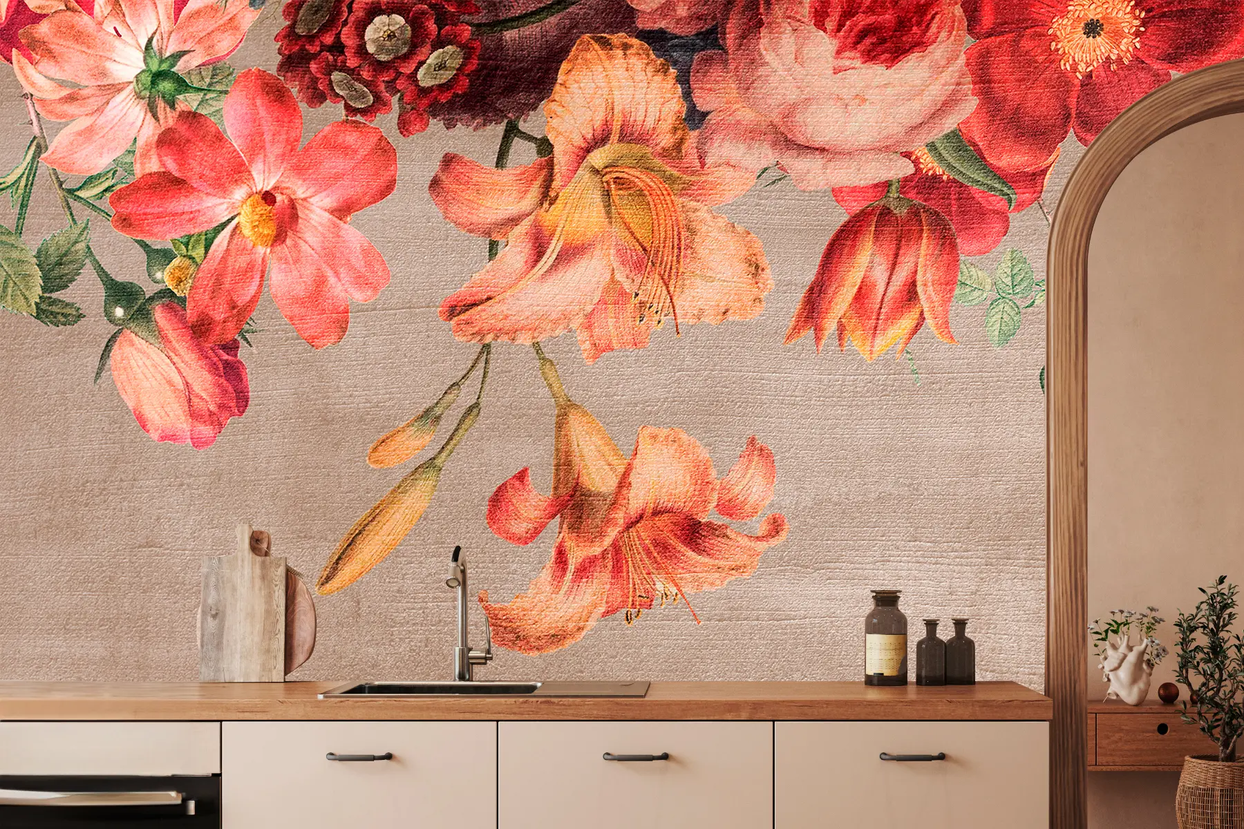 murales de pared Ilustración botánica ramo de flores bodegón sobre fondo marrón  w00427