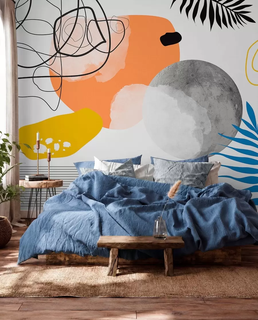 murales de pared Resumen moderno, minimalismo, boho, geometría, manchas de acuarela, luna llena, silueta de hoja de palma, topografía, complejidad, naranja, amarillo, gris w00508