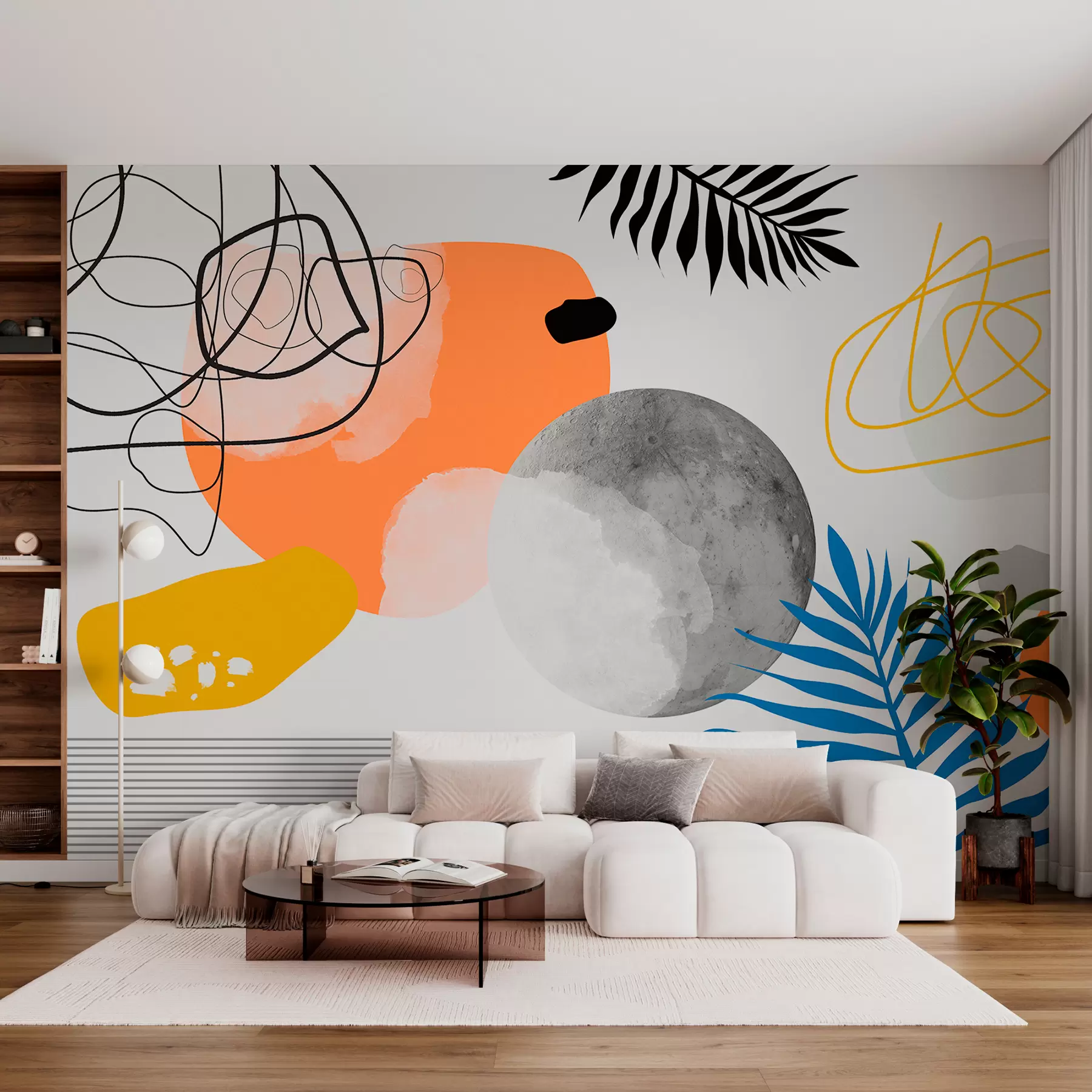 murales de pared Resumen moderno, minimalismo, boho, geometría, manchas de acuarela, luna llena, silueta de hoja de palma, topografía, complejidad, naranja, amarillo, gris w00508