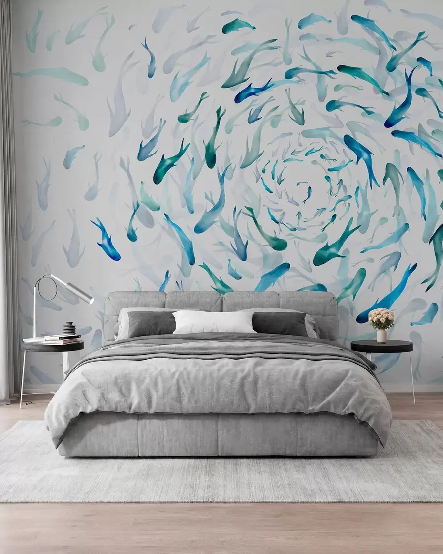 murales de pared Peces arremolinándose en una bañera de hidromasaje, danza de peces, acuarela, tiburón, composición abstracta, minimalismo, color azul, verde w00510