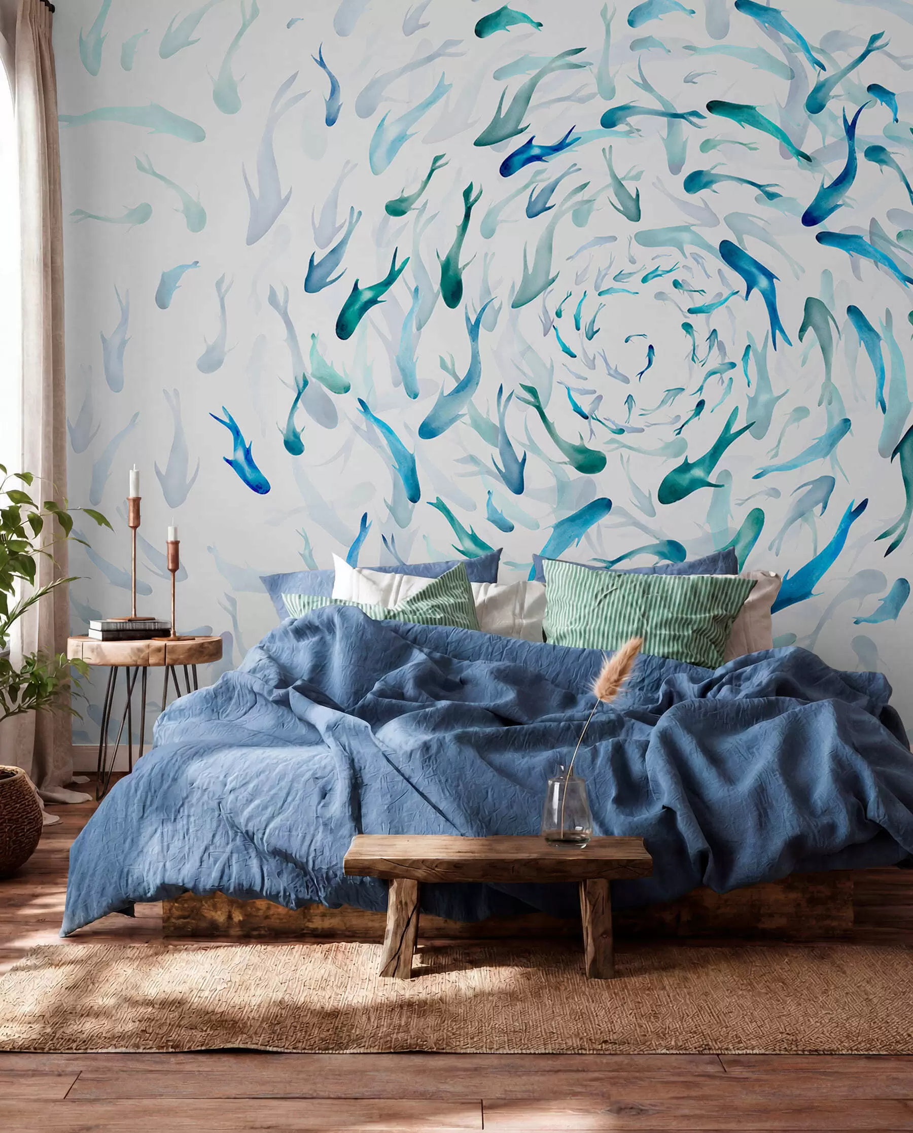 murales de pared Cardumen en azul y jade w00510