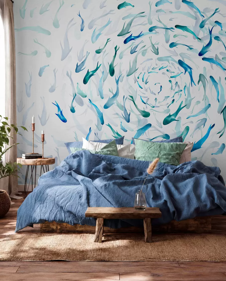 murales de pared Cardumen en azul y jade w00510