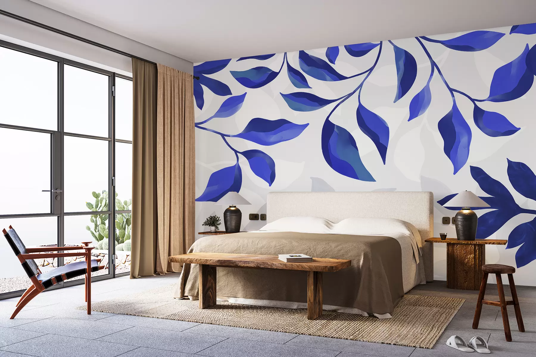 murales de pared Hojas tropicales, acuarela, diseño floral, color azul. w00589