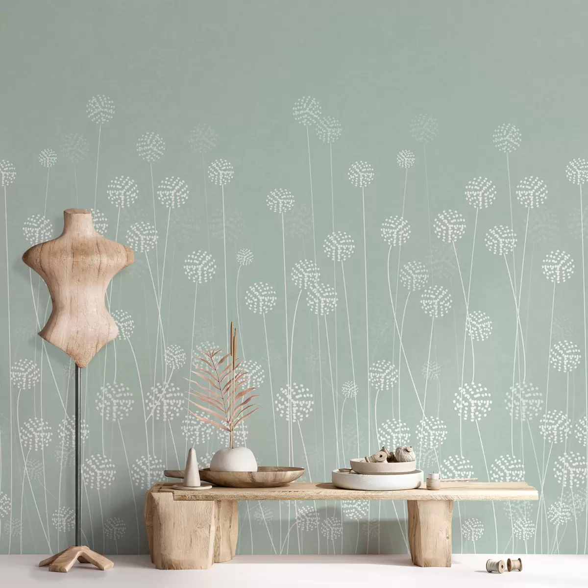 murales de pared Campo de diente de león de color verde w00613v3