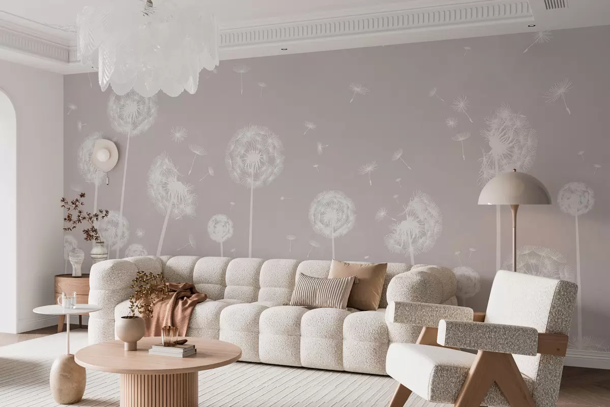 murales de pared Un campo de dientes de león con un fondo moteado claro de color beige w00657