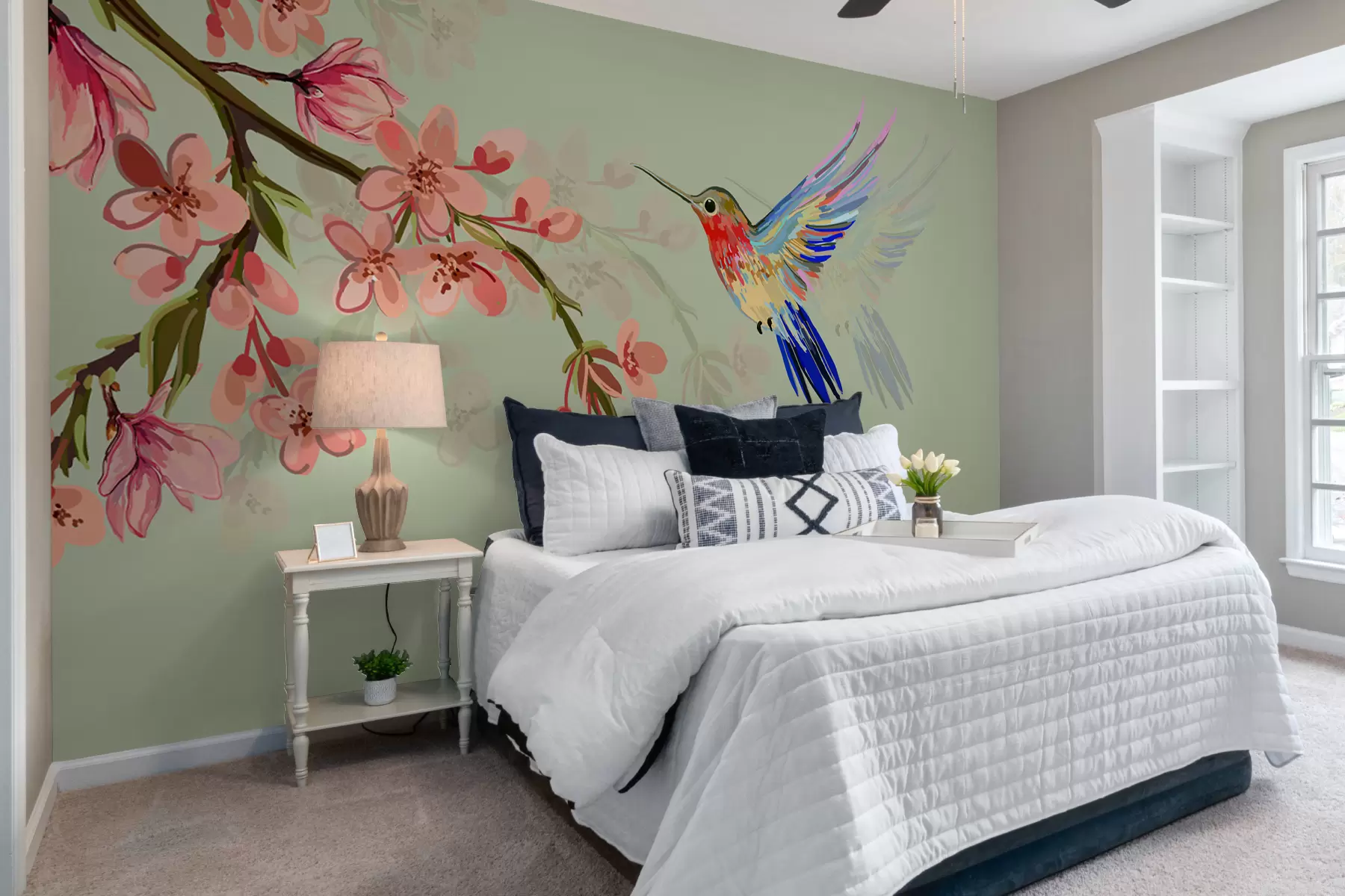 murales de pared una rama con flores rosas y un pájaro brillante w00693