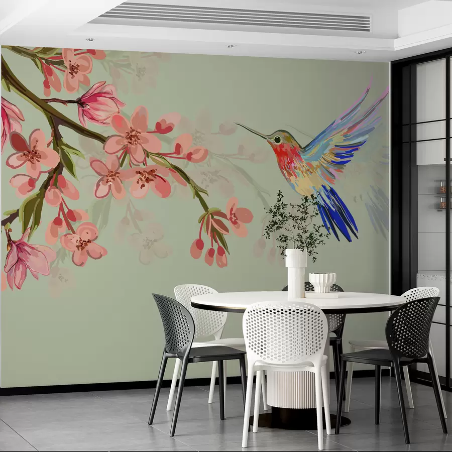 murales de pared una rama con flores rosas y un pájaro brillante w00693