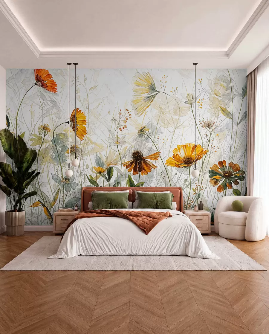 murales de pared Un campo de flores vibrantes sobre un fondo suave y brumoso con delicadas flores blancas y hierba tenue w00708