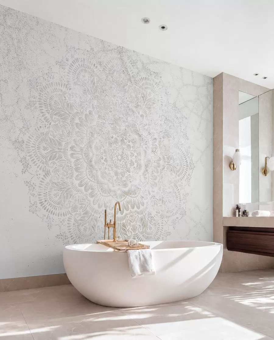 murales de pared Mandala, patrón de encaje blanco con motivos florales y circulares, creando un diseño delicado e intrincado w00737