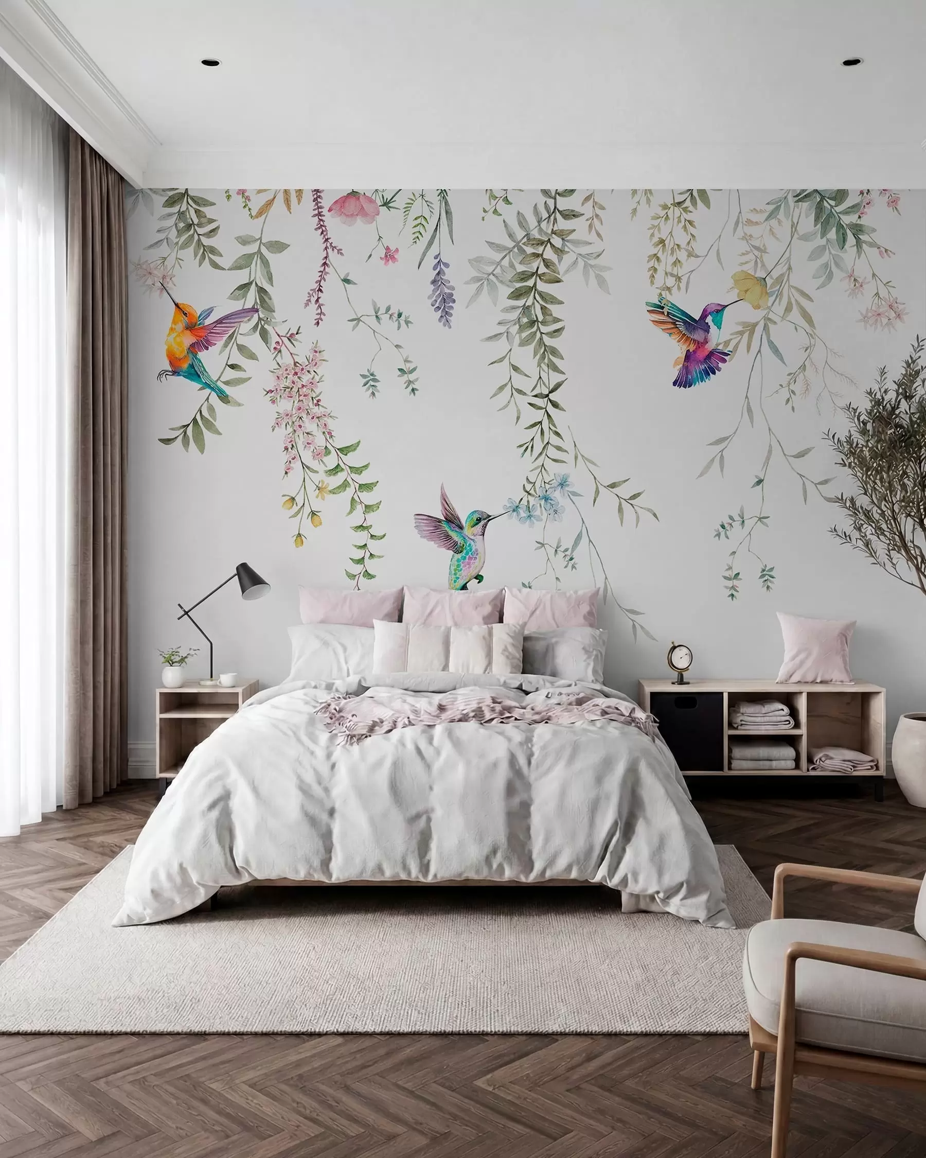 murales de pared Flores y hojas colgantes y hermosos colibríes w00660