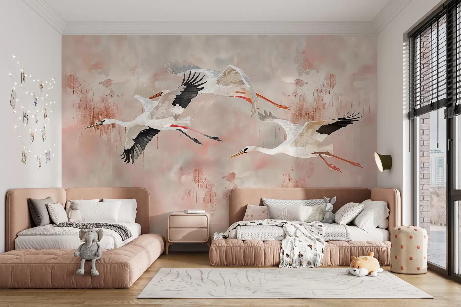 murales de pared Cigüeñas sobre un fondo rosa claro w00760