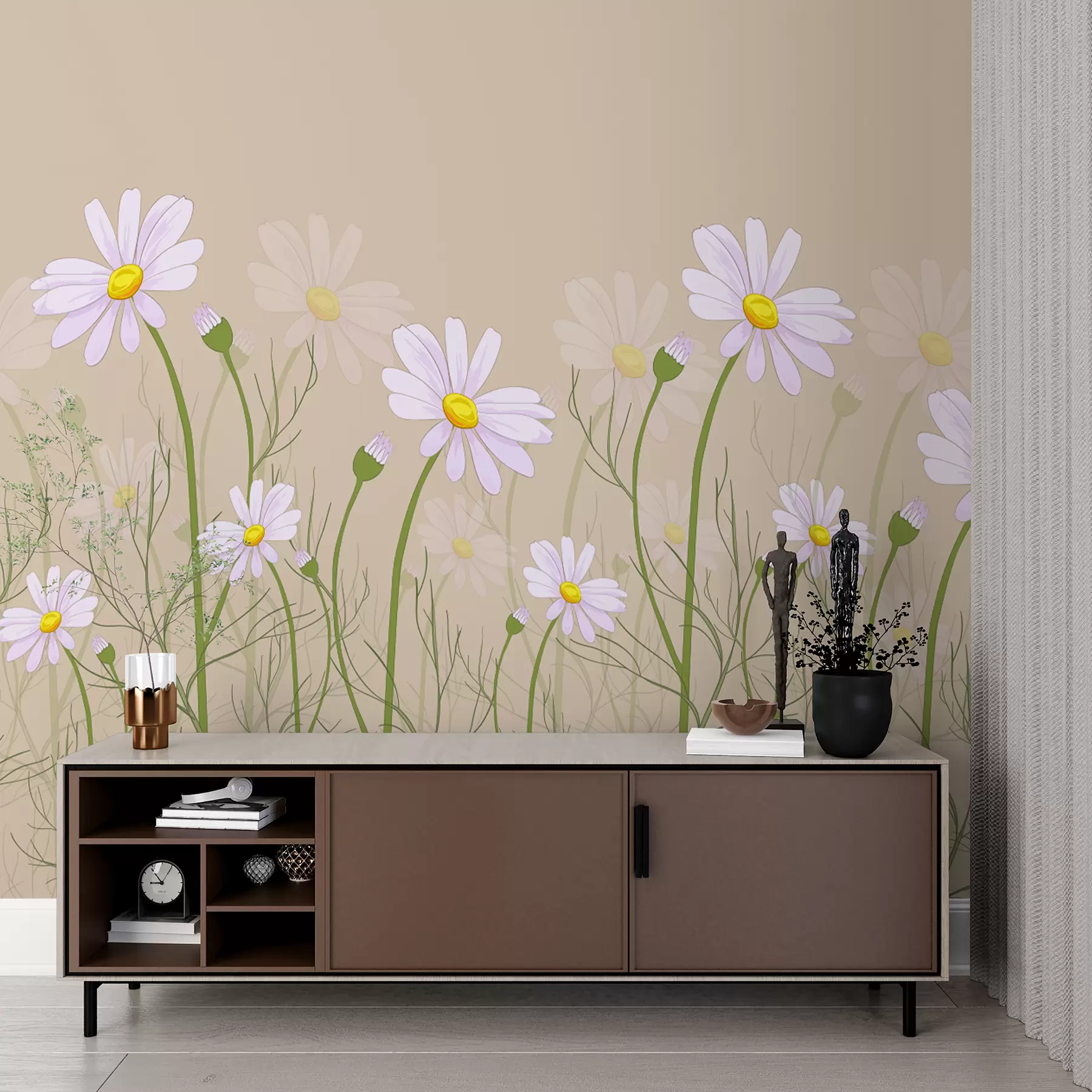 murales de pared grandes margaritas sobre fondo beige w00802