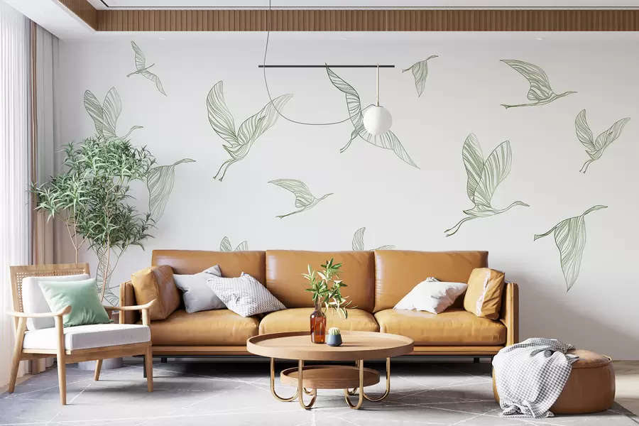 murales de pared Arte lineal de pájaros voladores, minimalismo, naturaleza, colores verdes w00758v2