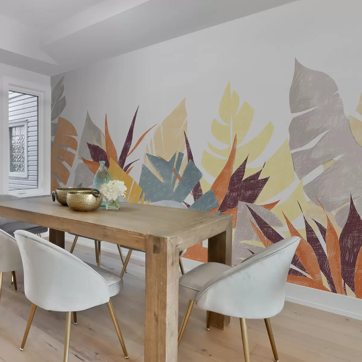 Murales de pared Hojas de palma, trópicos, silueta de planta imitación lápiz, flor, azul, amarillo, naranja, gris, morado, color w00790v1 murales de pared Hojas de palma, trópicos, silueta de planta imitación lápiz, flor, azul, amarillo, naranja, gris, morado, color w00790v1