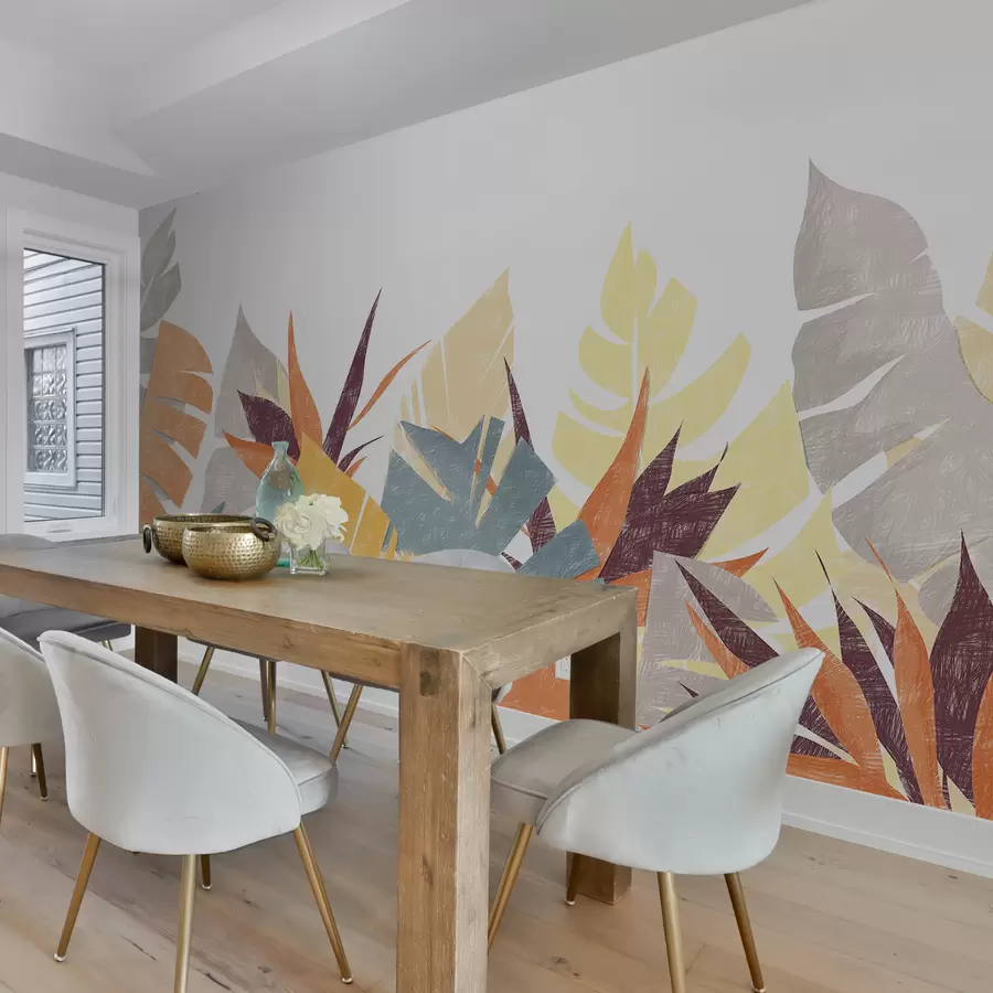 Murales de pared Hojas de palma, trópicos, silueta de planta imitación lápiz, flor, azul, amarillo, naranja, gris, morado, color w00790v1 murales de pared Hojas de palma, trópicos, silueta de planta imitación lápiz, flor, azul, amarillo, naranja, gris, morado, color w00790v1