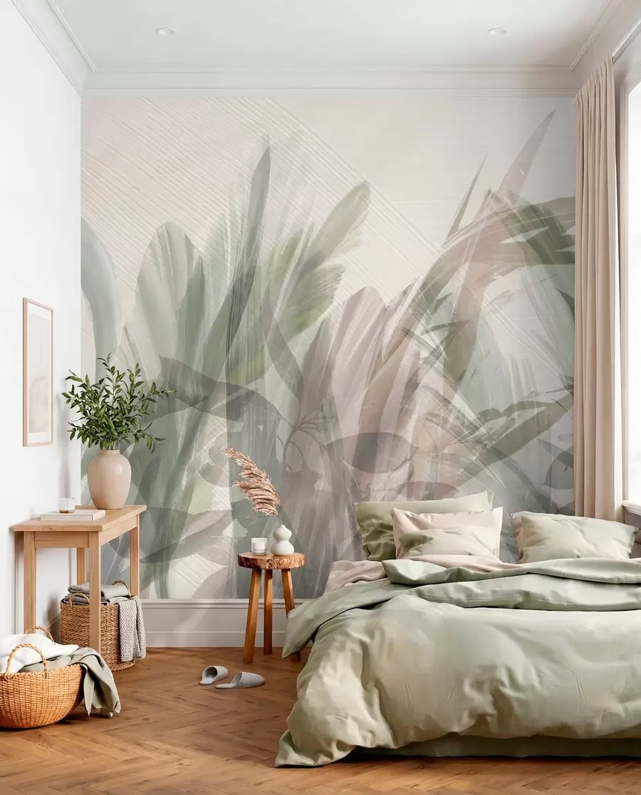 murales de pared Multicomposición abstracta de formas de hojas tropicales parecidas a hierba borrosa en tonos de verde claro y gris w00798