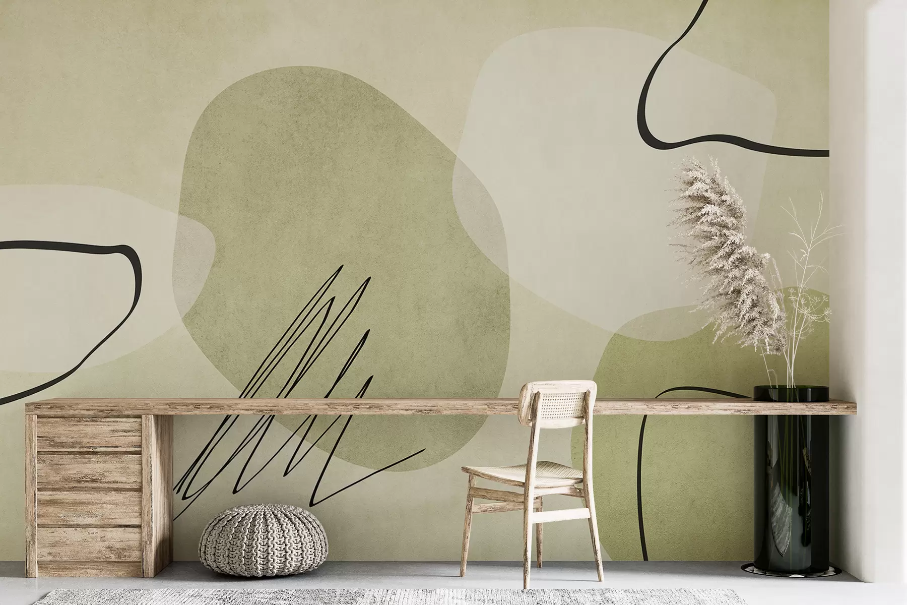 murales de pared Abstracción boho, mancha, geométrica, líneas, textura, tonos de verde w00815v1