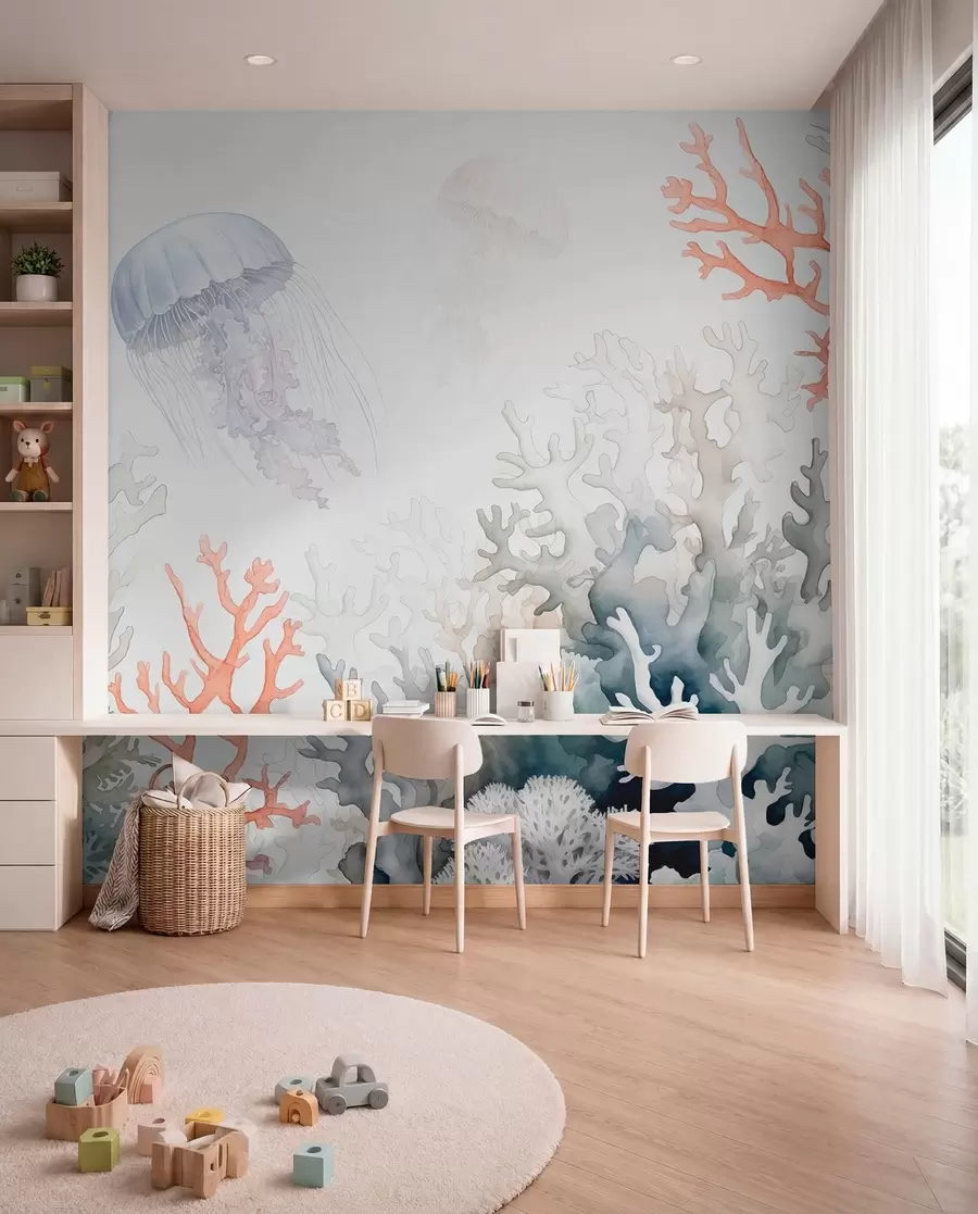 murales de pared Corales marinos, medusas nadan, acuarela, gris, azul, rojo w00819