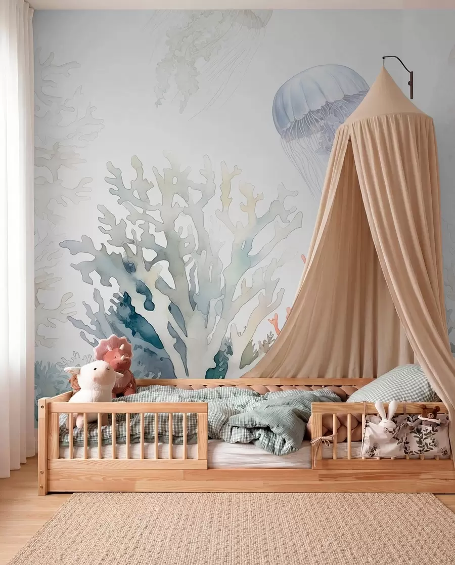 murales de pared Corales marinos, medusas nadan, acuarela, gris, azul, rojo w00819