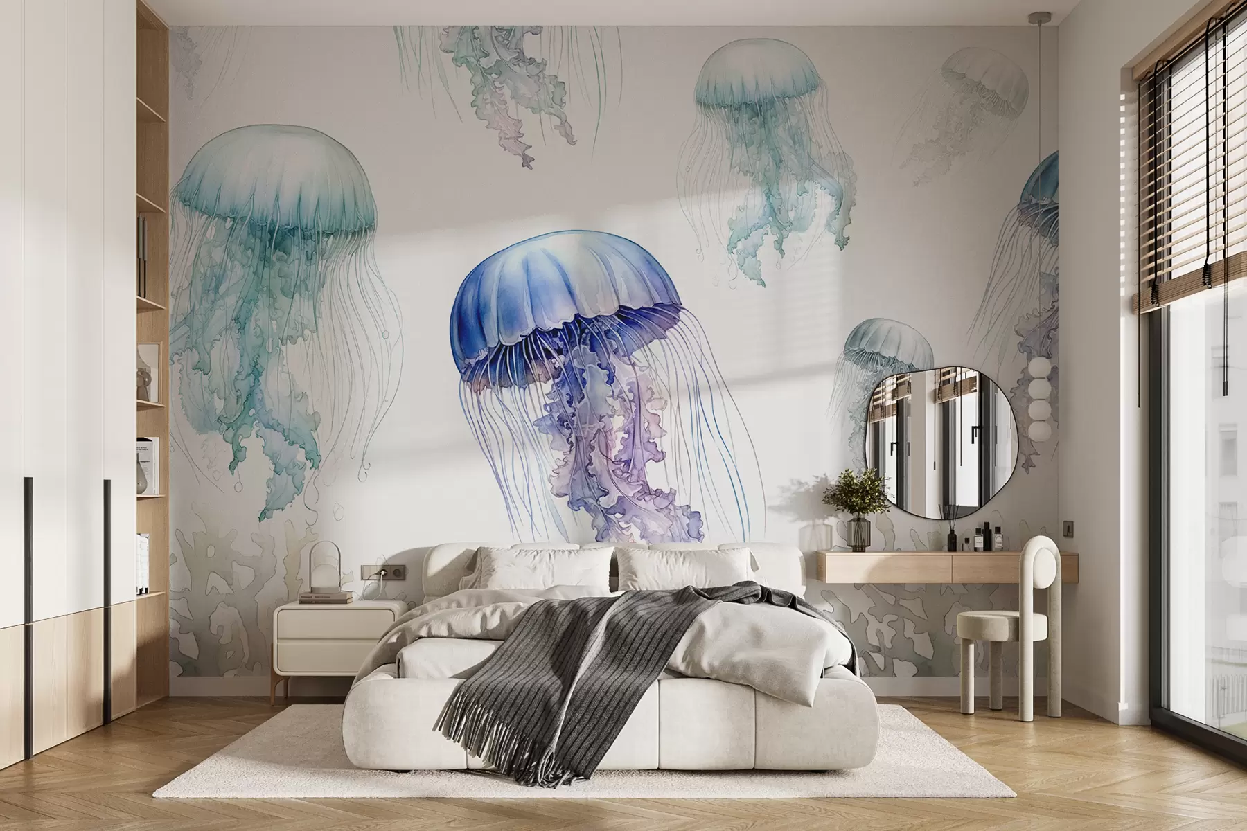 murales de pared Medusas marinas, acuarela, gris, azul, rojo. w00820