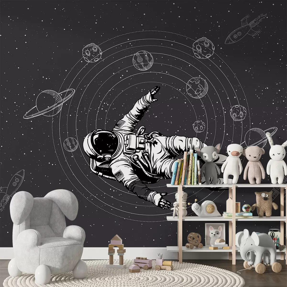 murales de pared Astronauta y planetas sobre fondo gris oscuro w00712v5