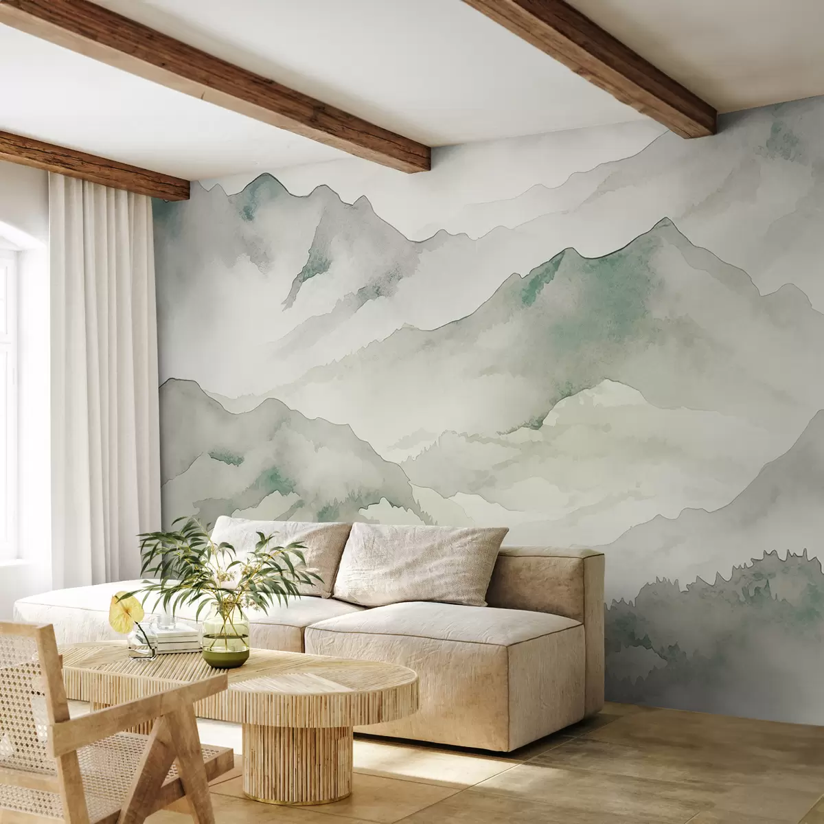 murales de pared Cordilleras acuarela, paisaje, paisaje, verde, gris, color sepia w00840