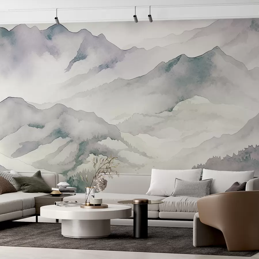 murales de pared Cordilleras acuarela, paisaje, paisaje, azul, gris, color sepia w00840v1