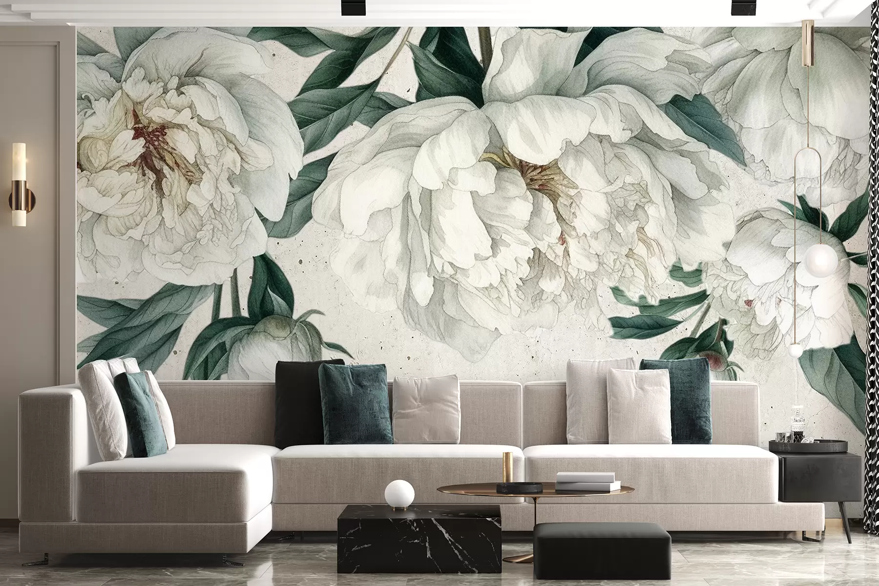 murales de pared Peonías grandes blancas con hojas verdes sobre un fondo de textura clara w00837