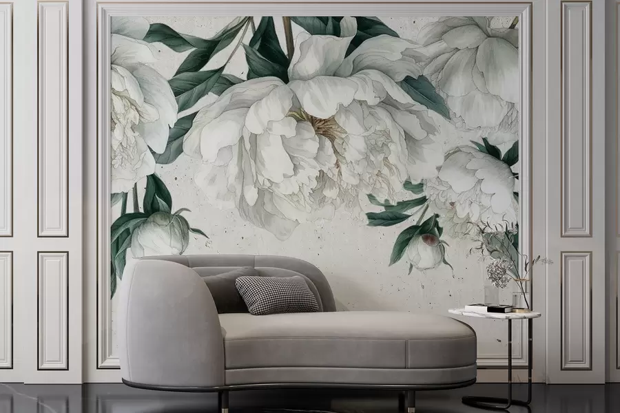 murales de pared Peonías grandes blancas con hojas verdes sobre un fondo de textura clara w00837
