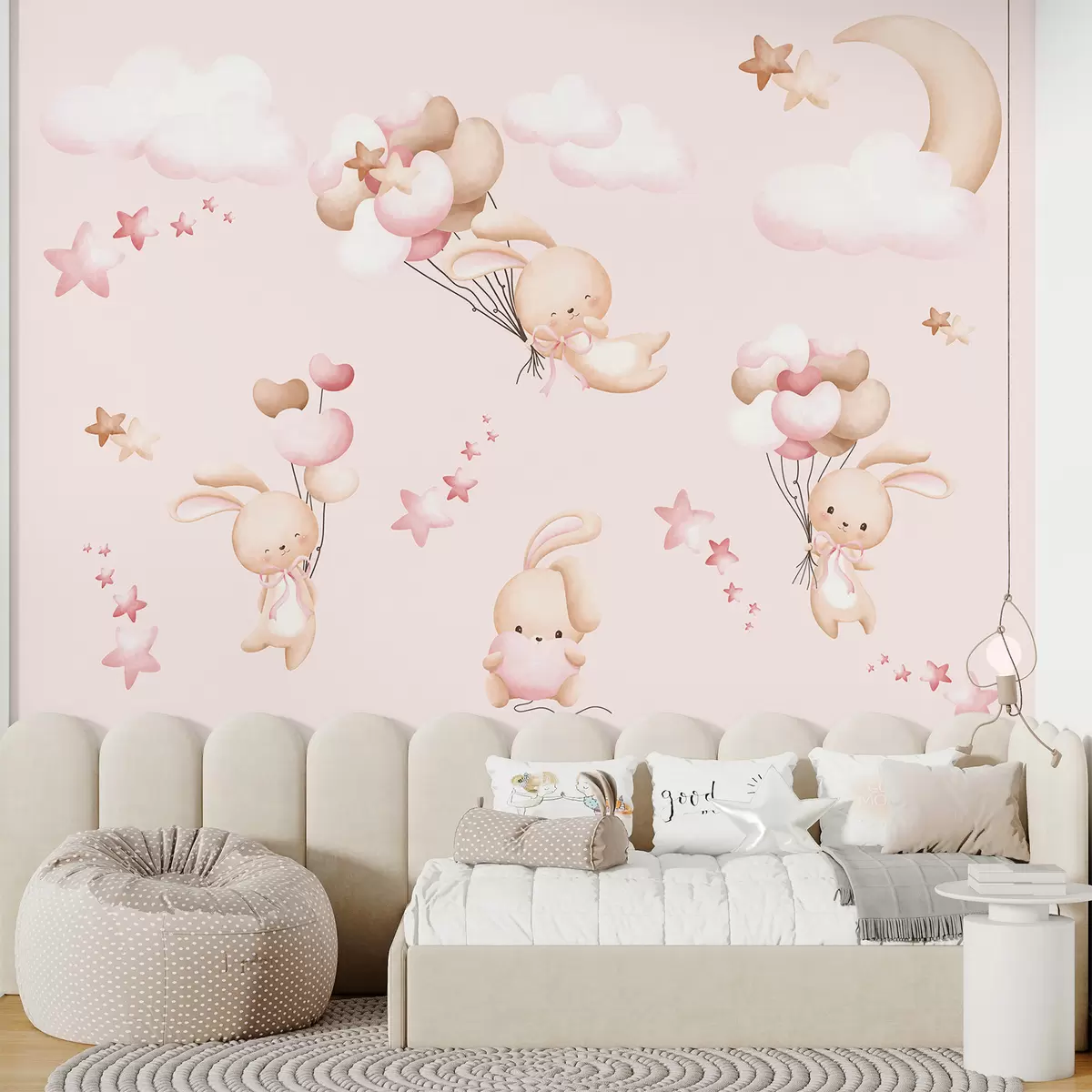 murales de pared Conejitos en las nubes sobre un fondo rosa claro w00864
