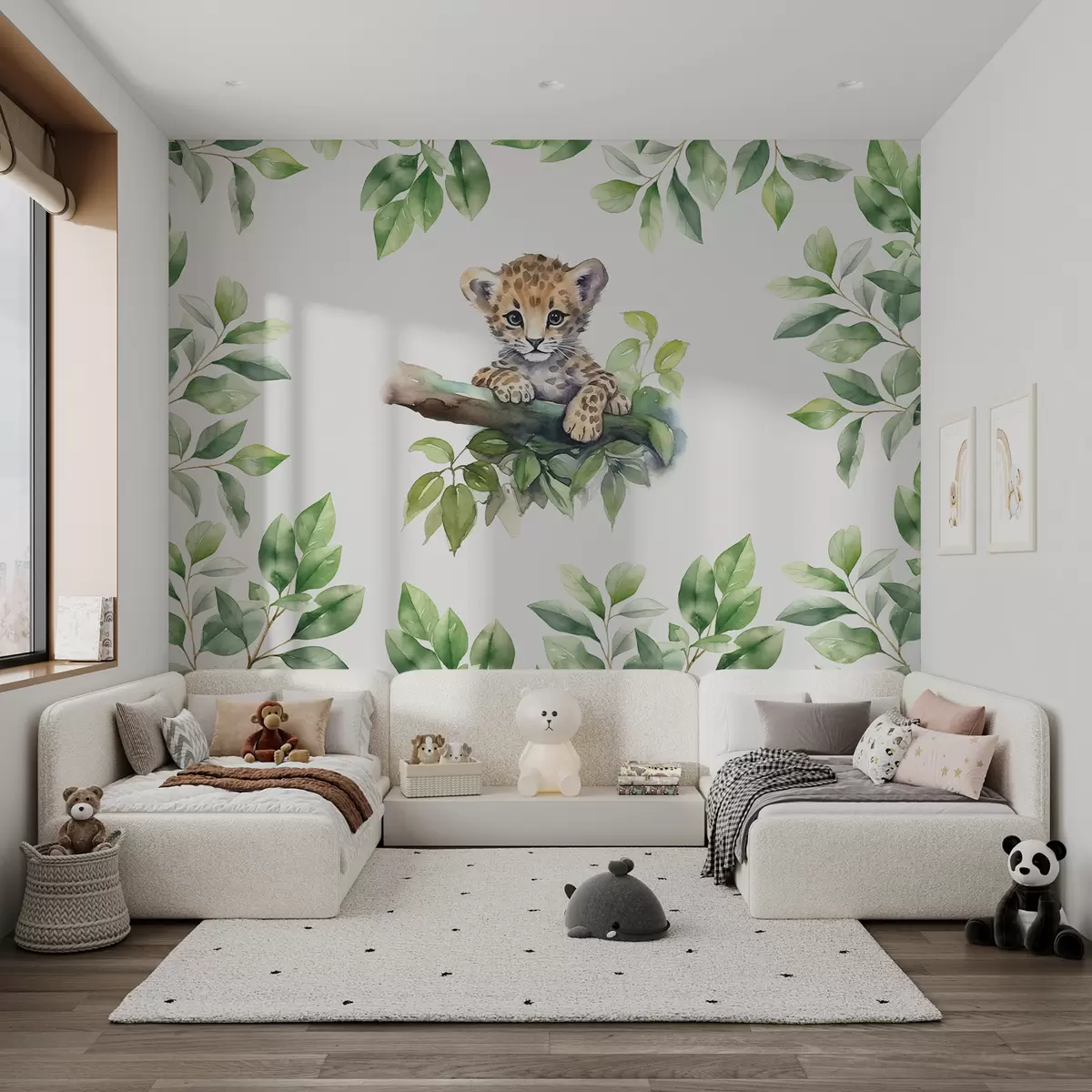 murales de pared El pequeño leopardo se sienta en una rama entre hojas de acuarela w00889