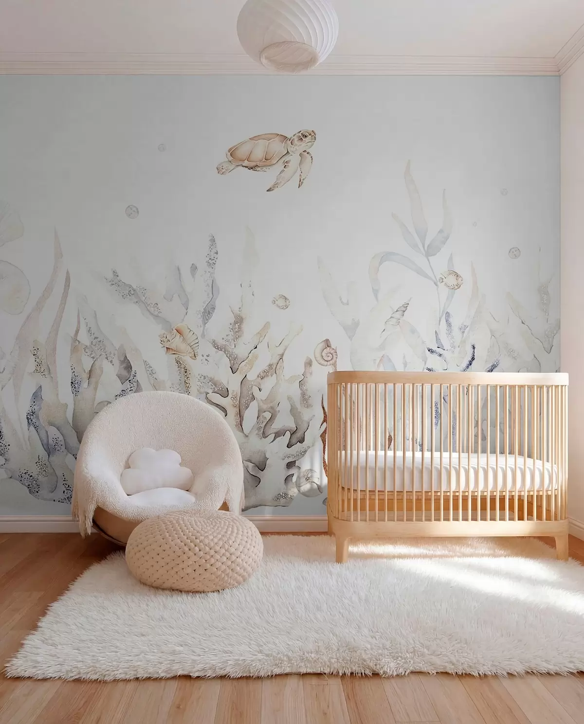 murales de pared Corales marinos acuarela, conchas marinas, tortugas, vida marina, colores beige suaves w00849v1