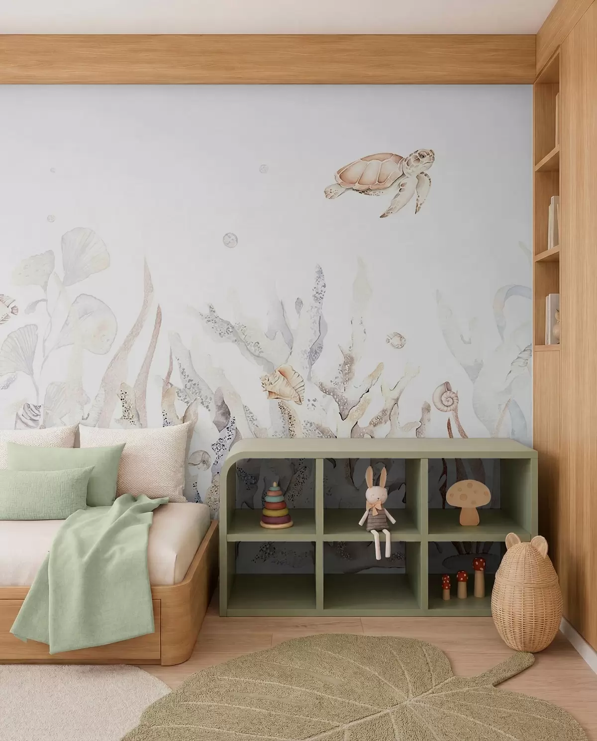 murales de pared Corales marinos acuarela, conchas marinas, tortugas, vida marina, colores beige suaves w00849v1