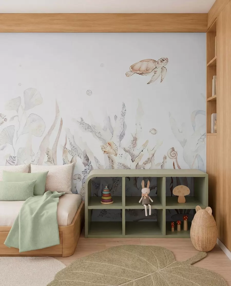 murales de pared Corales marinos acuarela, conchas marinas, tortugas, vida marina, colores beige suaves w00849v1